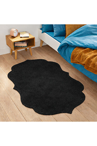 Lagom Life Siyah Marjinal Peluş Halı Dekoratif Lazer Kesim Peluş Halı Oda Halısı