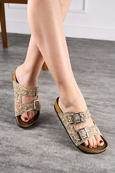 İmerShoes Жіночі тапочки бежевого кольору - з двома пряжками, галькою, овальн...