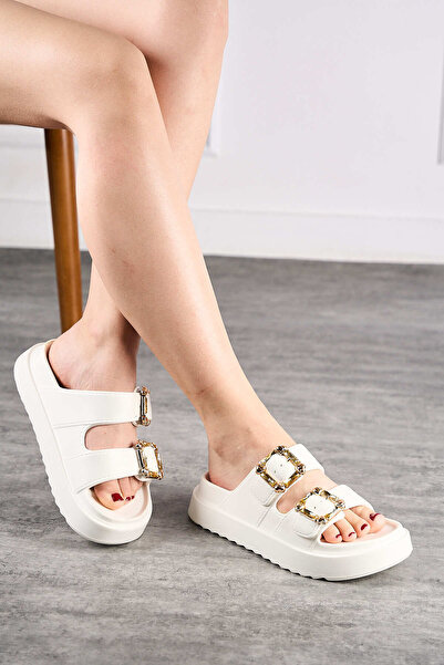 Nstil Daily Women's White Slippers Double Buckle Metal Detail Soft Comfortabl...