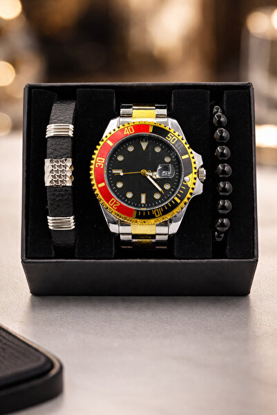 TEKMAKG Erkek Kol Saati + 2 Bileklik Seti | Tarih Göstergeli Metal Kordon Hed...