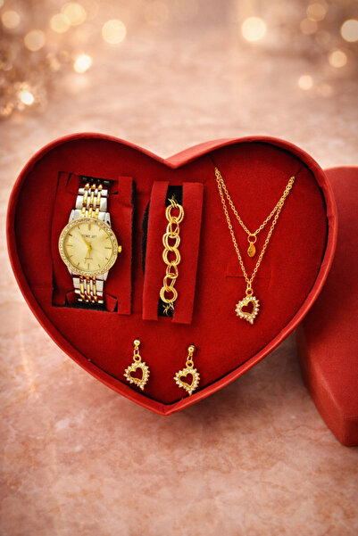 TEKMAKG Kadın Saat Takı Seti İki Renk Metal Kordon Kalp Kolye Küpe Bileklik K...