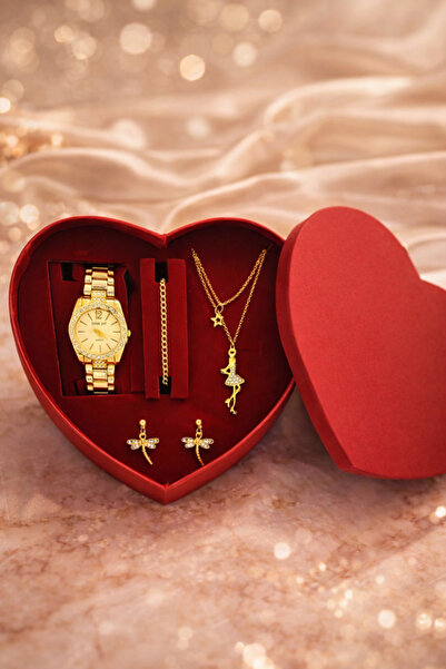 TEKMAKG Kadın Saat ve Takı Seti Altın Renk Taşlı Kalp Kutu Kolye Küpe Bileklik