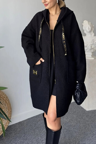 Bİ.GİYSEN Kadın Kapüsonlu Siyah Cepli Kıvırcık Buklet Kumaş ASTARSIZ Mevsimli...