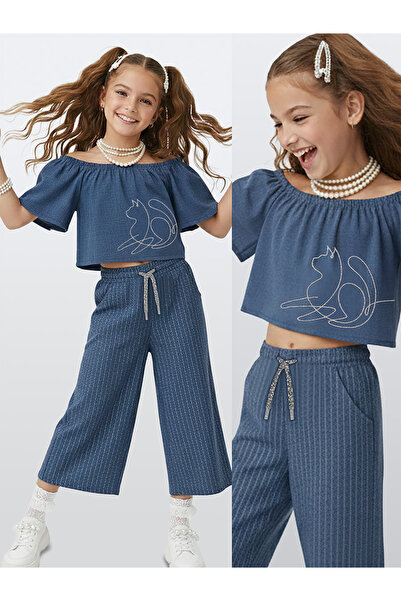 Denokids Girls' Set Denim Look Blouse Trousers Woven Summer 4-10 Years