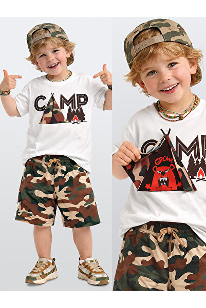 Denokids Boys' Set Camping Printed Interactive T-Shirt Shorts Two-Piece Set S...