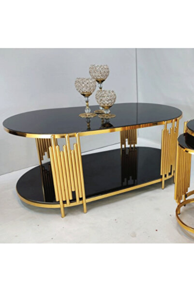 çelsan Fairfax Oval Orta Sehpa - 60x110 cm Çift Katlı Siyah Camlı Gold Metal ...