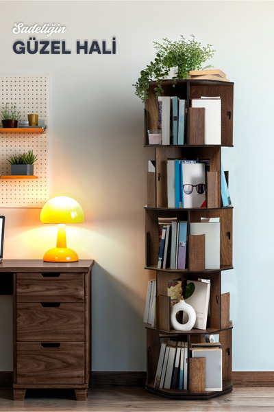 Vigo Wood 5 Katlı Döner Kitaplık | 360° Dönebilen, 100 Kitap Kapasiteli, Cevi...