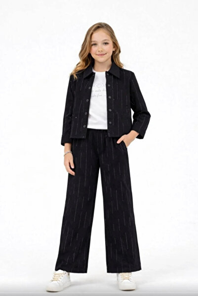 Kidmark Çocuk Modası Girl's Stone Detailed 3-Piece Woven Black Set