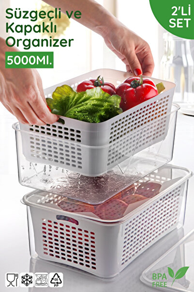 Nandy Home 3'lü Set Süzgeçli Kapaklı Buzdolabı Organizer - 5000Mll.