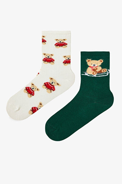 Penti Green and White Sledding Bear 2-Piece Socks
