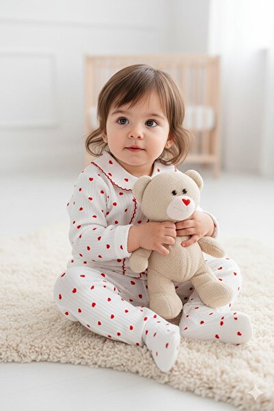 irkkids Kız Bebek Pamuk,Kalp Desenli  Pijama Takımı,Kalpli Alt Üst Gecelik Ta...