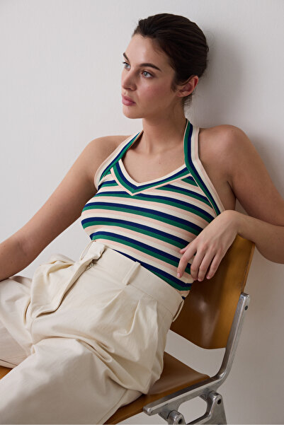 Penti Semi Crop Stripe Halter Çok Renkli Üst