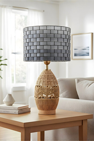 Bahar Aydınlatma Sahara Hasır Gövde Gri Başlık Rattan Dekoratif Abajur