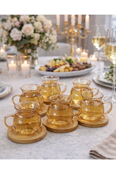 ALEV EMAYE Bambu Tabaklı Cam Çay Fincanı Seti 6’lı – Amber Renk, Kulplu Şık S...