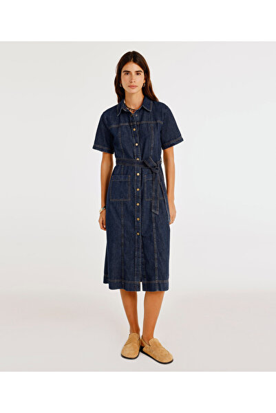 Yargıcı Kemerli Kısa Kollu Midi Boy Denim Elbise