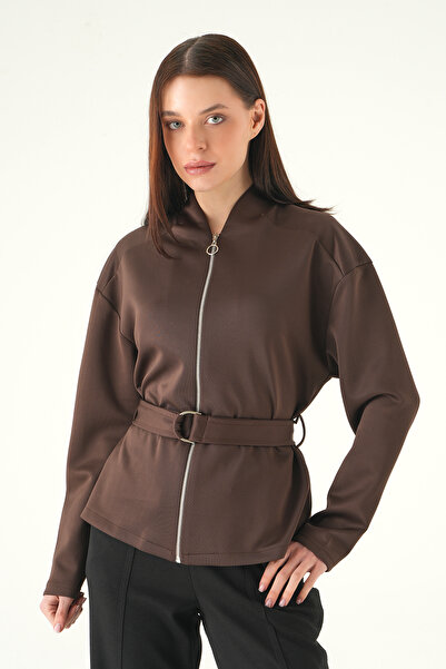 Rays 3075A Belted Zippered Cardigan Brown