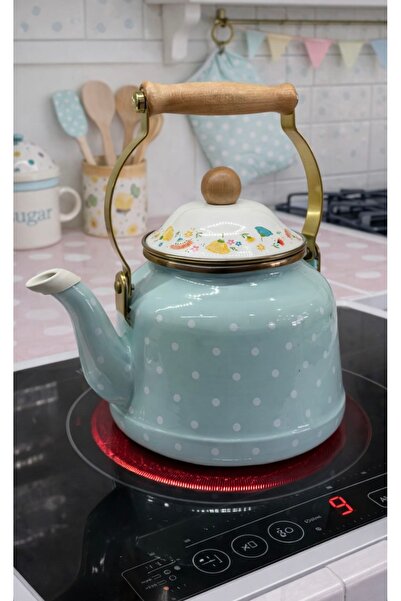 ALEV EMAYE Emaye Çaydanlık / çiçek desen Demlik – Puantiyeli, Ahşap Saplı