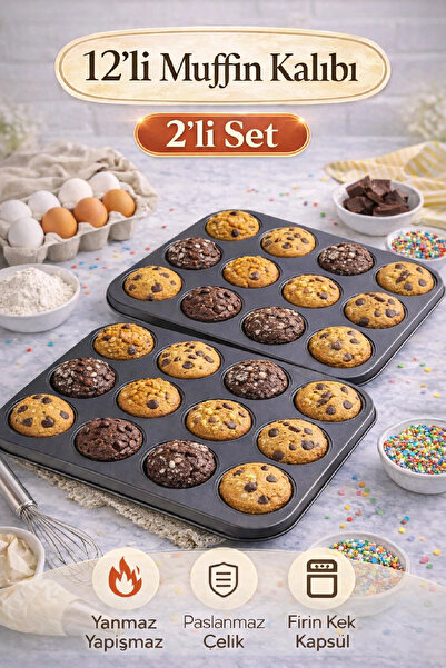Berdina Home 12 Bölmeli Muffin Kek Kalıbı 2 Li Set Yanmaz Yapışmaz Çörek Cupcake