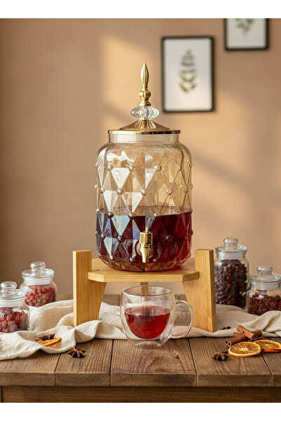 Living موزع مشروبات زجاجي للمياه والعصير والشاي المثلج بلون العسل الشفاف