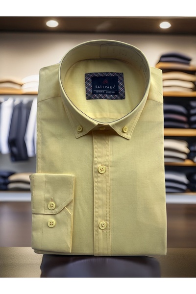 elitpark Sarı Düz Renk Ön Dikiş Detaylı Pamuklu Erkek Gömlek