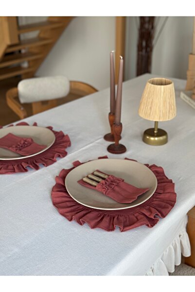 KaiAtelier 2Li Rosa Keten Fırfır Detaylı Amerikan Servis/ Supla