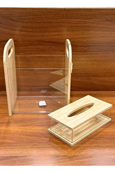 ALQANNAS طقم سلة مهملات وعلبة مناديل خشبية/شفافة | منظم مناديل أنيق وسلة مهملات