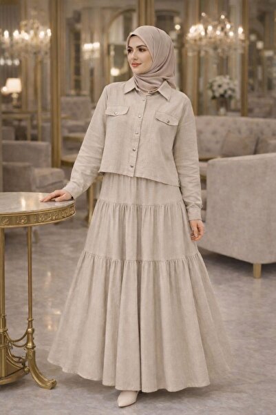 Esra Butik78 Taş Rengi Kısa Gömlekli Etekli İkili Takım – Tesettür Günlük Şık...