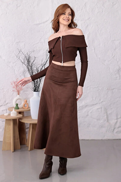 happinice Women's Brown Suede Textured Midi Skirt