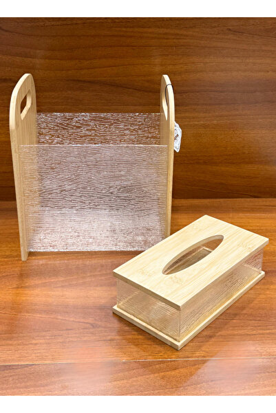 ALQANNAS طقم سلة مهملات وعلبة مناديل خشبية/شفافة | منظم مناديل أنيق وسلة مهملات