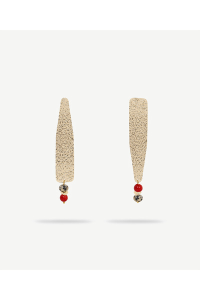 Yargıcı Dokulu Metal Detaylı Asimetrik Doğal Taş Küpe