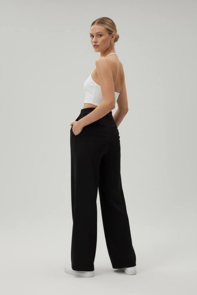 DIANNA Stretch Fabric Double Button Flexible Black Palazzo Pants