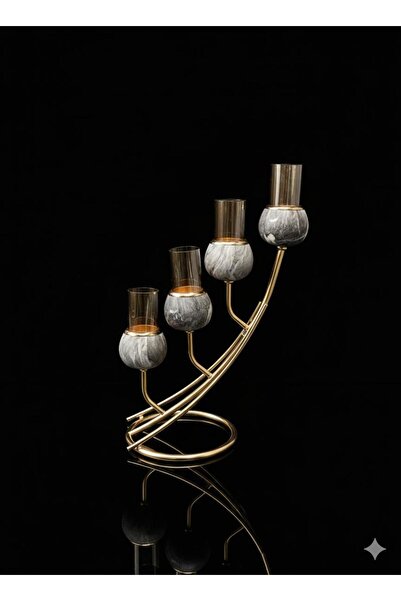 voliX Dizayn Mermer Desenl Goldi 4 Kollu Şamdan | Masa Süsü | Mumluk | Hediye...