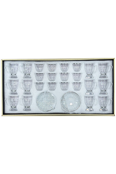 ALQANNAS Crystal tea glasses + coffee cups set, 36 pieces, silver trim
