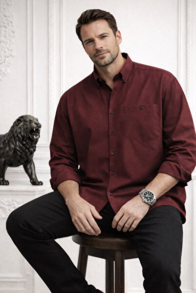 Varetta Men's Burgundy Large Size Shirt Collar Buttoned Long Sleeve Plain