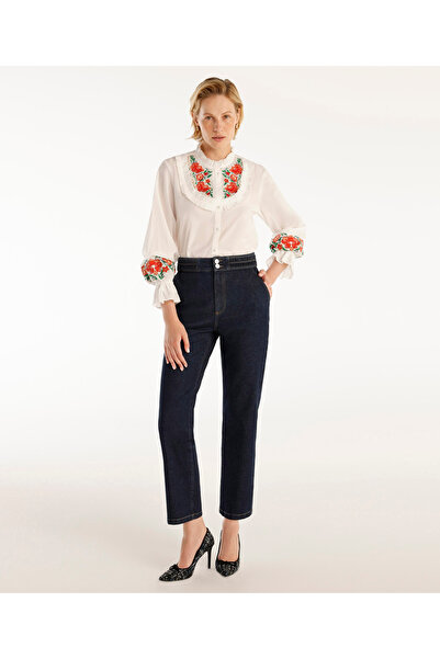 Yargıcı Nakış Detaylı Yüksek Bel Denim Pantolon