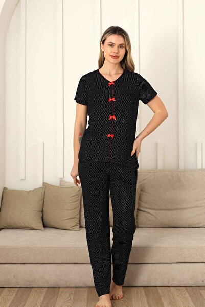 ALİMER Σετ Γυναικείες Πιτζάμες - Μαύρο Πουά με Κουμπιά Μπροστά Κοντομάνικο Λύ...