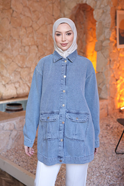 İmajButik Mavi Taş İşlemeli Kot Ceket