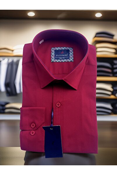 elitpark Kırmızı Düz Renk Ön Dikiş Detaylı Pamuklu Erkek Gömlek