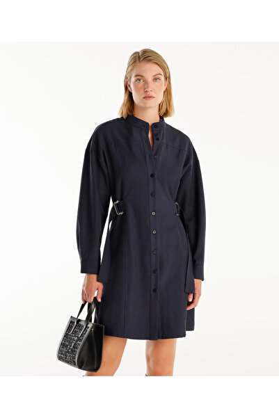 Yargıcı Kemer Detaylı Uzun Kollu Hakim Yaka Kısa Gömlek Elbise