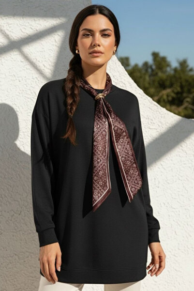 Curly Black Modal Fabric Tunic with Scarf Collar