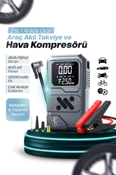 EN SİGA Dijital Ekranlı Taşınabilir Hava Kompresörü Çok Amaçlı Şarjlı Pompa L...