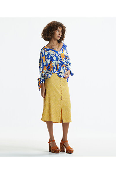 Yargıcı Düz Kesim Yırtmaç Detaylı Midi Etek