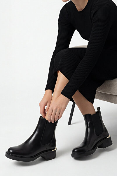 Marjin Women's Thick Heeled Elastic Side Band Chelsea Heeled Boots Ancev Black