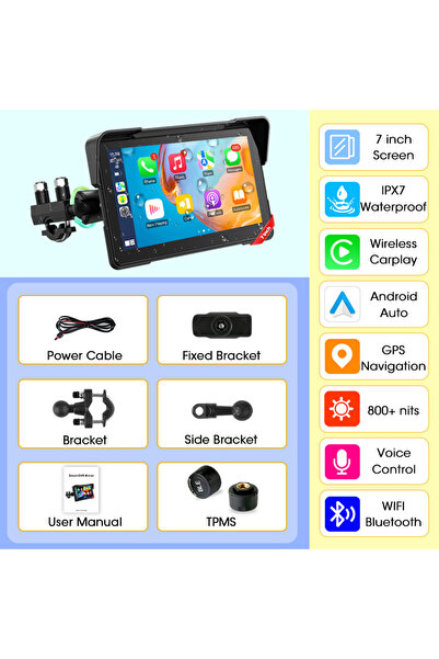 Choice شاشة عرض TPMS للدراجات النارية مقاس 7 بوصات مع نظام CarPlay ونظام تحدي...