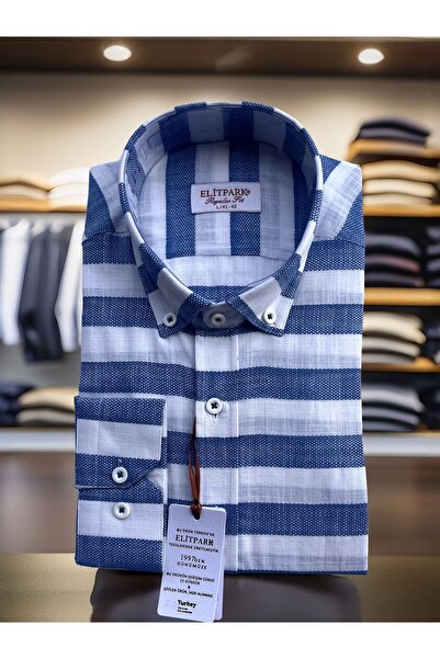 elitpark Erkek Koyu Mavi-Beyaz Çizgili Düğmeli Yaka %100 Pamuk Uzun Kollu Gömlek