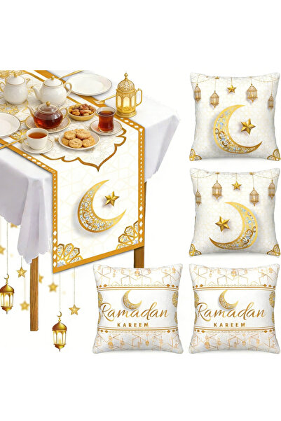 Generic Ramadan Decor 5-Piece Set: 1 Ramadan Table Runner and 4 Cushion Covers