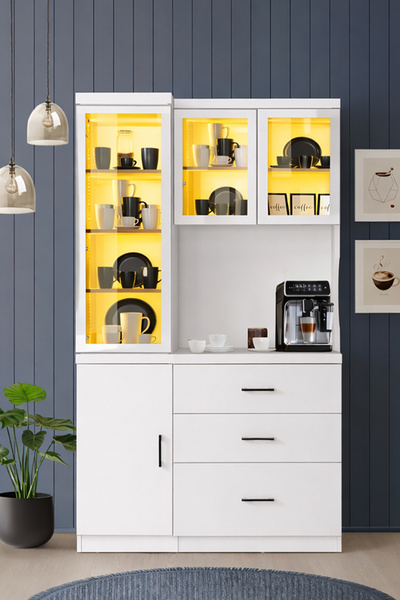 Setay Vitrinli Ünite, Adrea Kahve Köşesi + Çok Amaçlı Raflı Tek Kapaklı Dolap