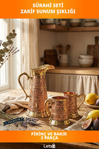 Letsii Şık Pirinç ve Bakır Tasarımlı 2 Bardaklı Sürahi