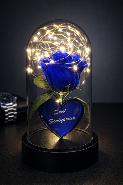 Piyan Mavi Gül Çiçek Kalpli Işıklı Fanus 14 Şubat Sevgililer Günü Hediyesi Se...