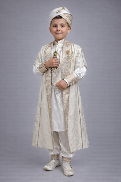 Rüyam Çocuk Giyim Gold Kremli Brokar Kumaşlı Tuğralı Aksesuarlı Kaftan Sünnet...